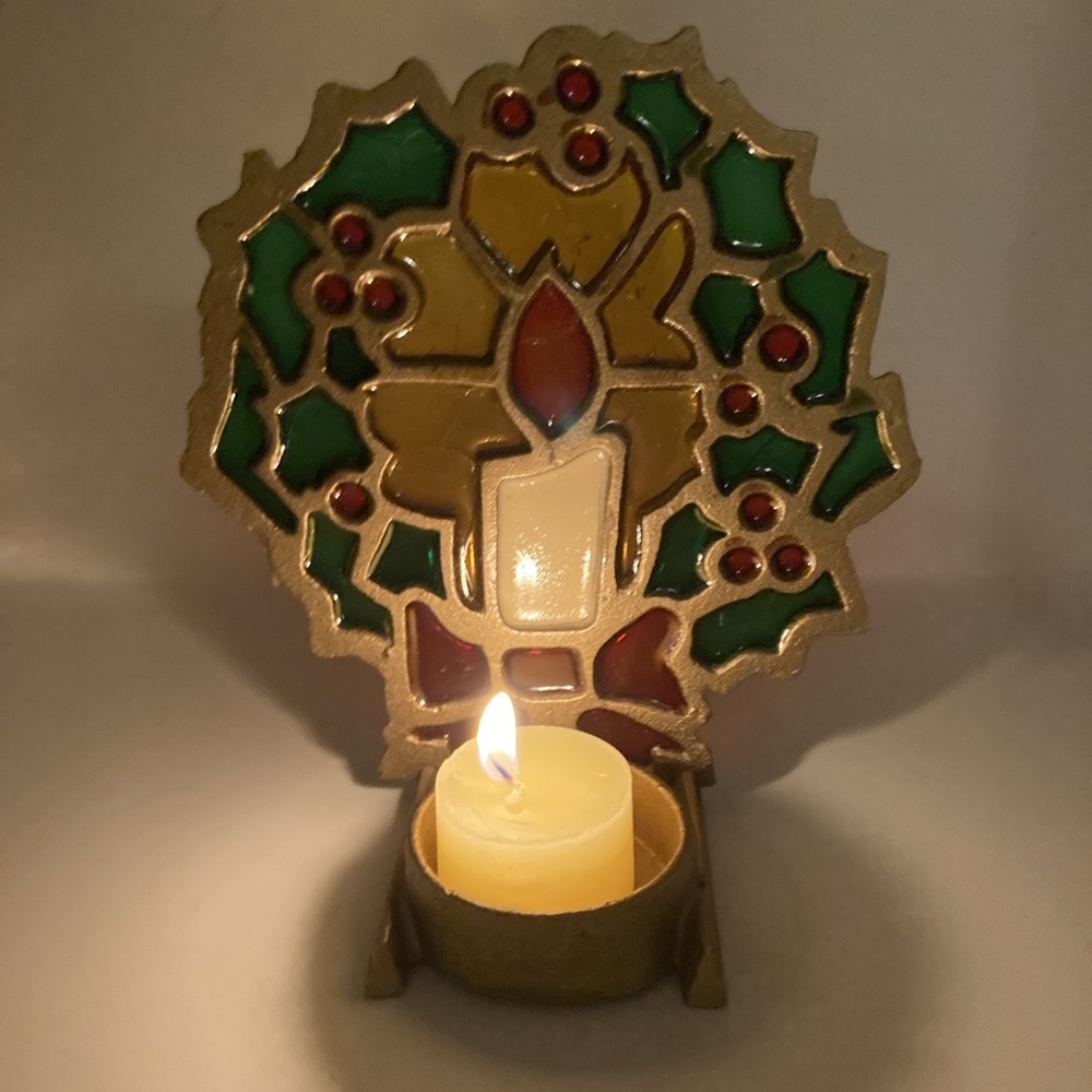 Vintage STAINED GLASS Cast Iron Wreath CANDLE HOLDER MCM 70s Christmas - Picture 4 of 11